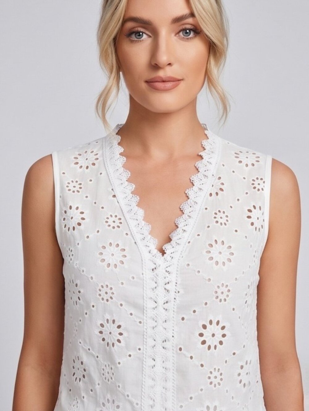 White Eyelet Embroidery Sleeveless Blouse